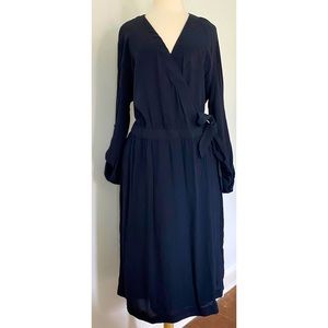 H&M Navy Blue Crepe wrap long sleeve roll tab knee length dress